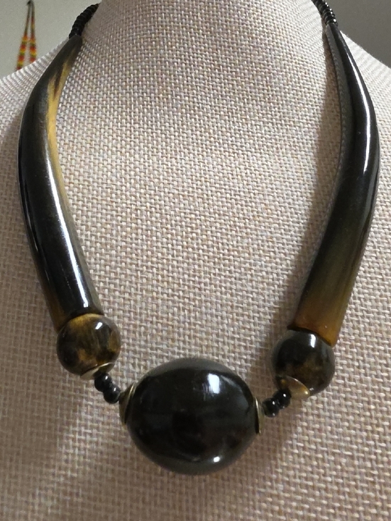 Artisan Jewelry - Vintage Hand Carved Polished Natural  Horn Mid Century Modern Statement Necklace